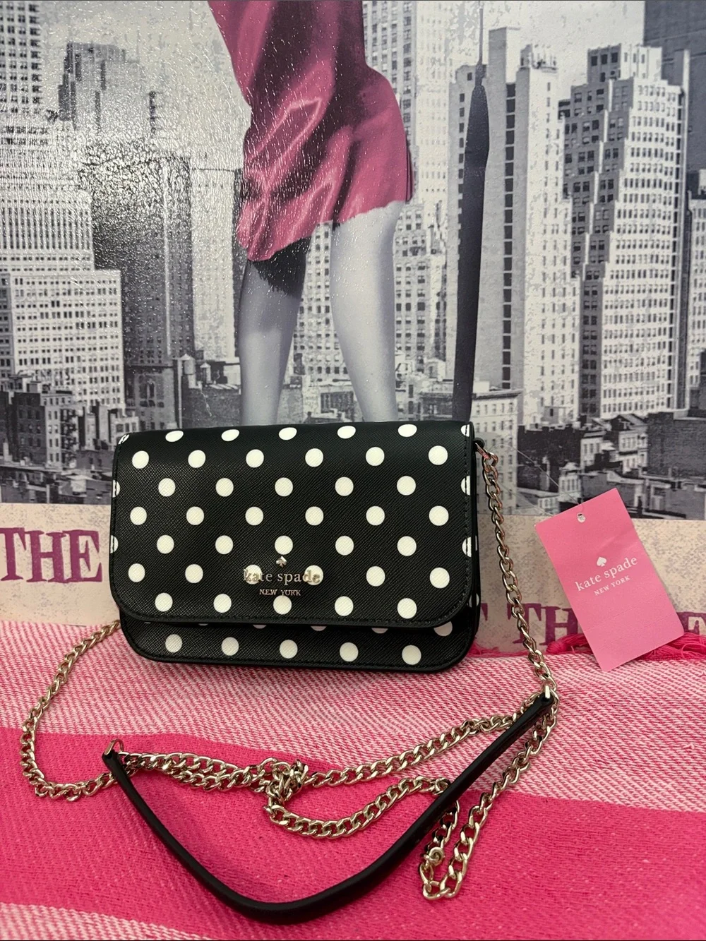 kate spade Black and White Polka Dot Crossbody with Gold Chain
